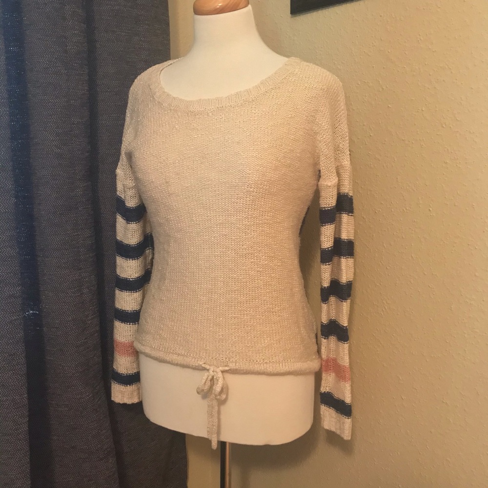 Juniors Pink Rose Striped Cream Sweater Small